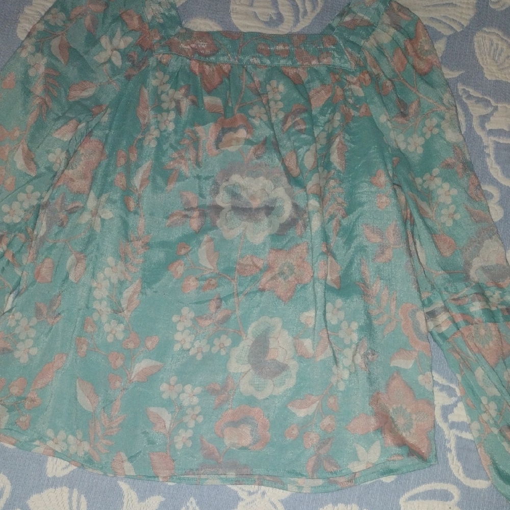 LC Lauren Conrad Teal and Pink Floral Blouse